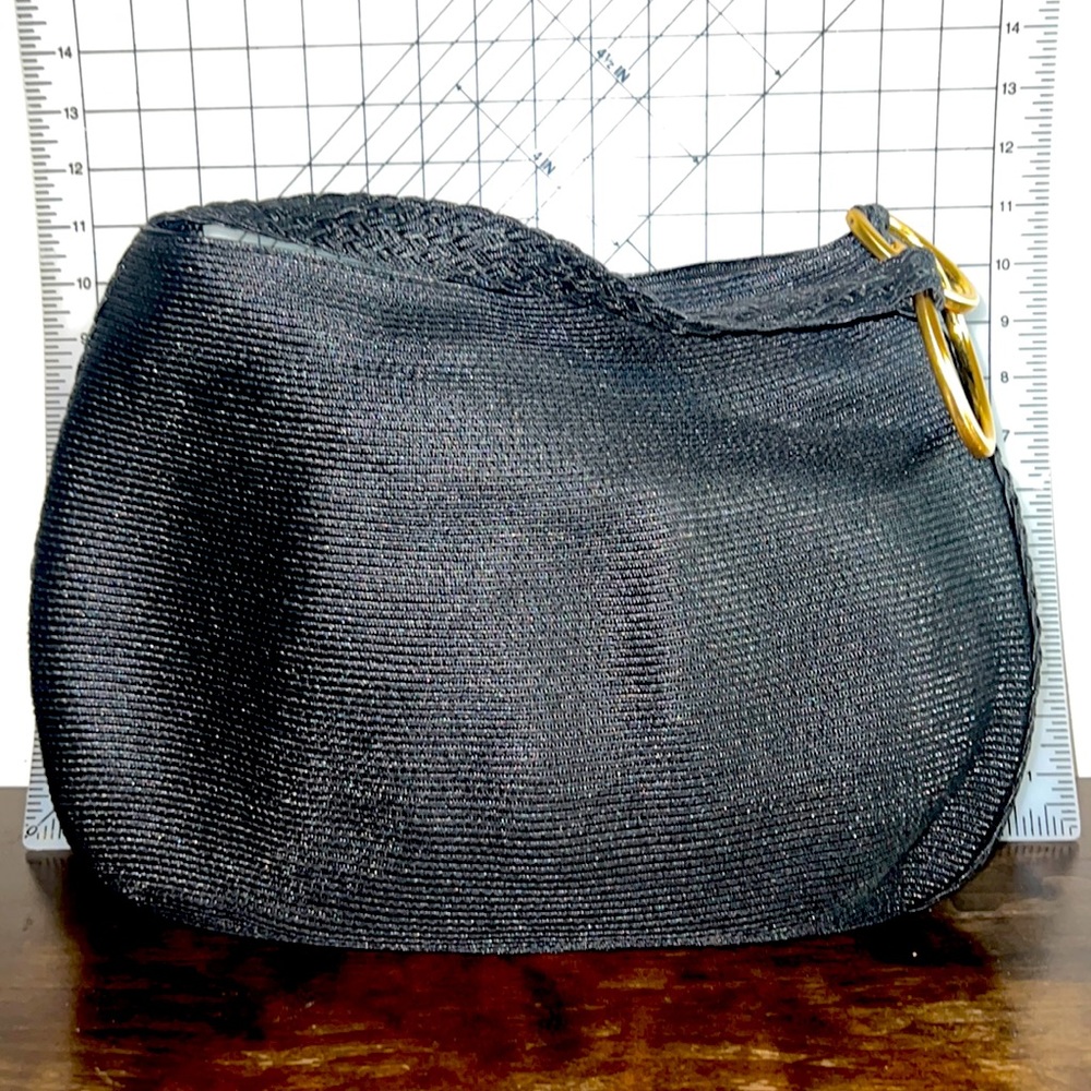 Eric Javits New York Black Squishee Rafia Shoulder Bag, Brass rings.